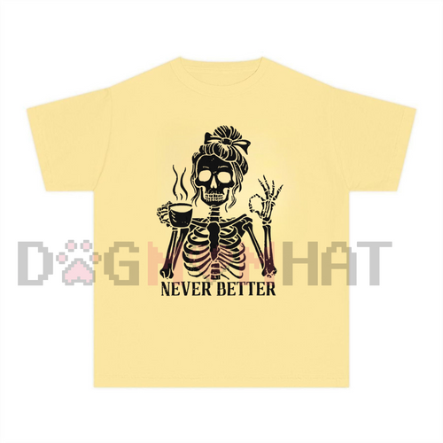 'Never Better' Skeleton Shirt – Halloween Humor Coffee Lover T-shirt, Spooky Fall Essential, Goth Aesthetic Tee