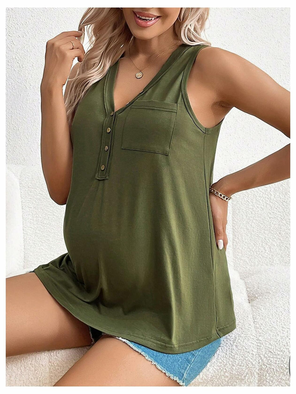 SOLY HUX Women's Maternity Tank Top Small Army Green V Neck Sleeveless